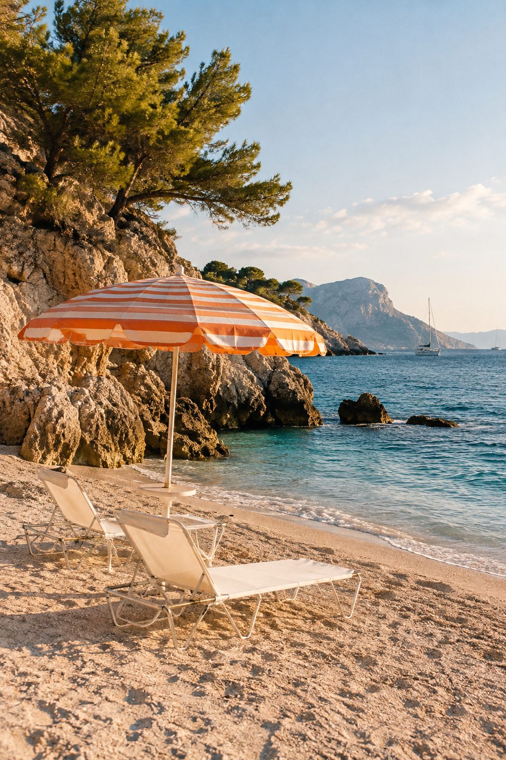 Illustrative photograph of a sunlit beach, striped parasol, rocks and blue sea